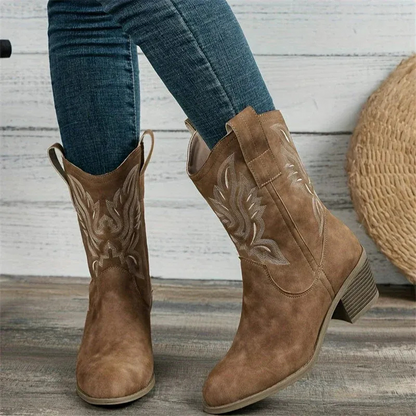 Damen Vintage-Stiefel mit Absatz in elegantem Retro-Design für vielseitige Outfits.

