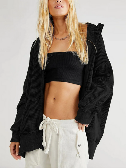 Damen leichte Waffel-Kapuzenjacke in modernem Design, ideal für Alltag und Freizeit.