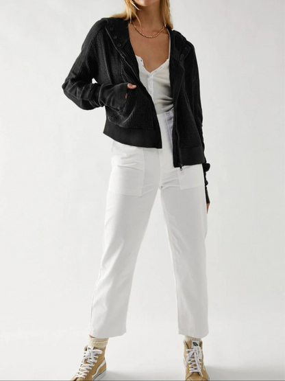 Damen leichte Waffel-Kapuzenjacke in modernem Design, ideal für Alltag und Freizeit.