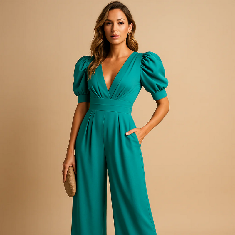 Eleganter V-Ausschnitt-Jumpsuit für Damen mit klarer Silhouette für vielseitige Anlässe