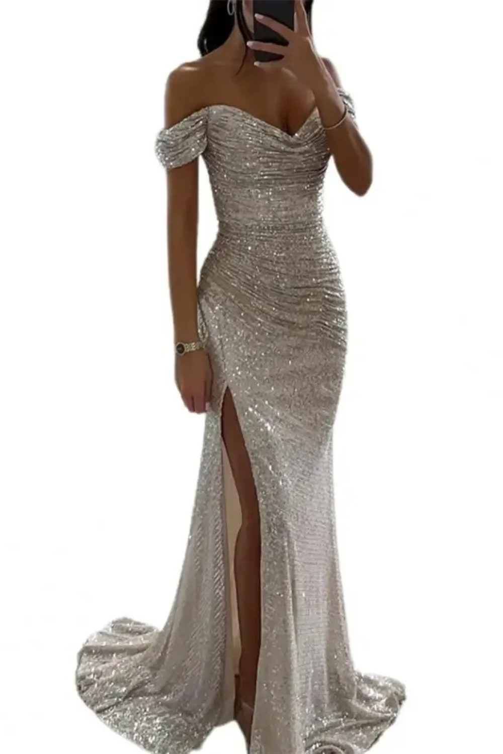 Elegantes Glitzer-Abendkleid für Damen mit funkelndem Design, ideal für festliche Anlässe und glamouröse Auftritte.