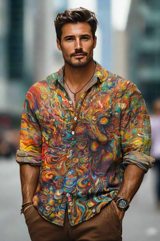 Herren Button-Down-Hemd mit lebendigen Farben, getragen im urbanen Stil