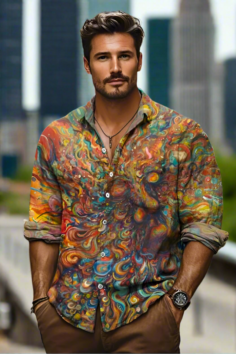 Herren Button-Down-Hemd mit lebendigen Farben, getragen im urbanen Stil