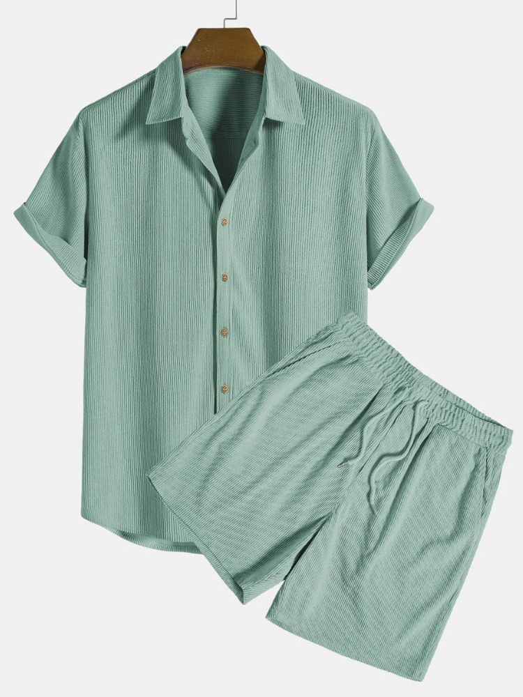 Herren geripptes Kurzarmhemd- und Shorts-Set für lässige und stilvolle Sommer-Looks