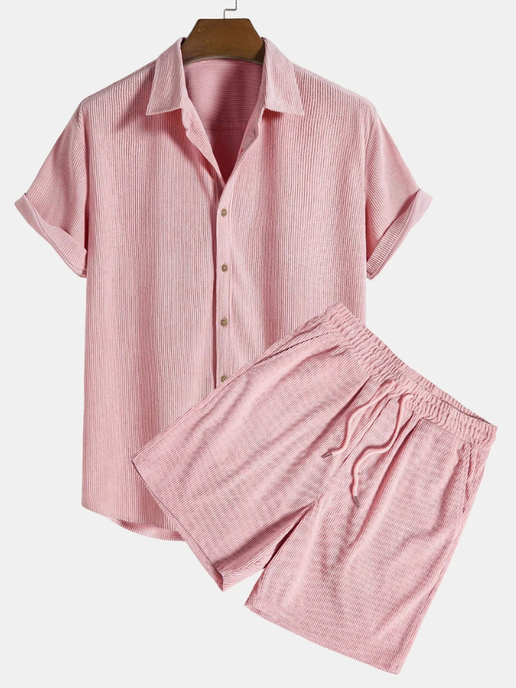 Herren geripptes Kurzarmhemd- und Shorts-Set für lässige und stilvolle Sommer-Looks