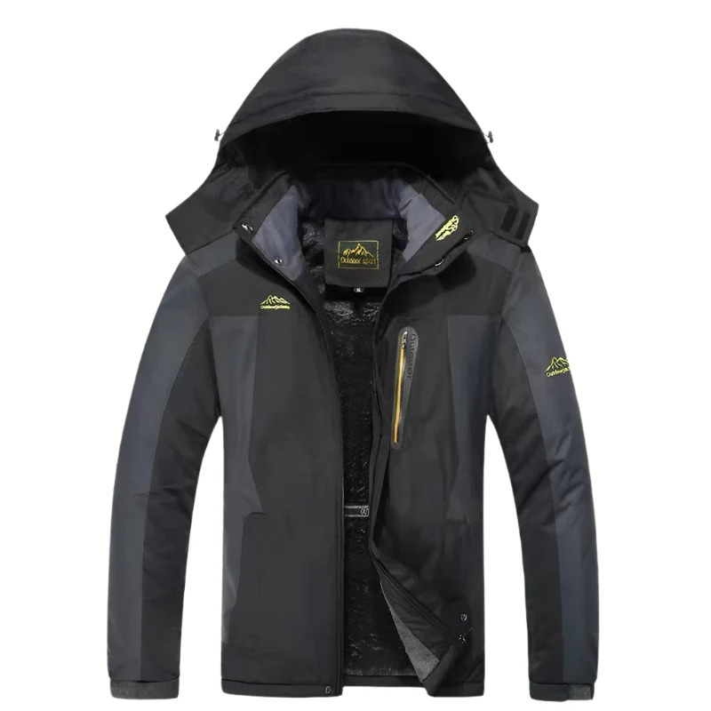 Herren-Outdoor-Winterjacke mit Kapuze in wasserdichtem Design für kalte Tage.