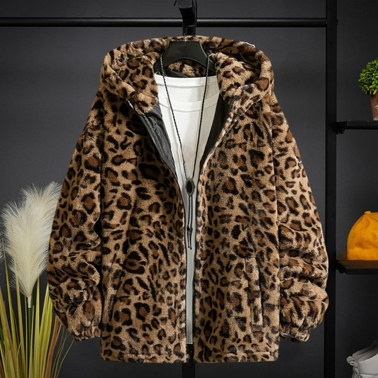 Herren Leoparden-Kapuzenjacke mit auffälligem Muster und praktischer Kapuze