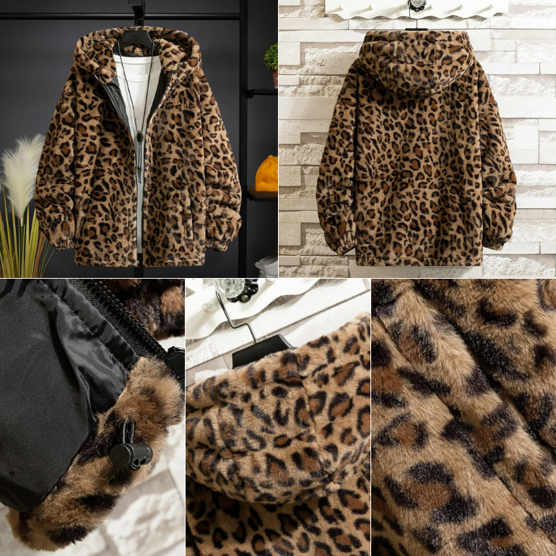 Herren Leoparden-Kapuzenjacke mit auffälligem Muster und praktischer Kapuze