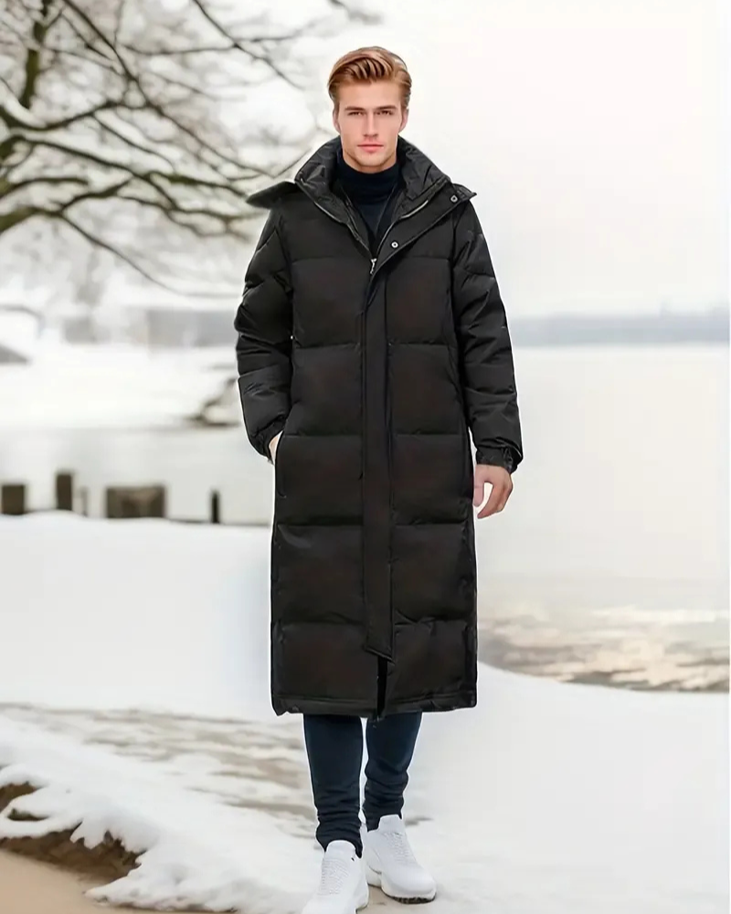 Herren schwarze wattierte Winterjacke, warm und stilvoll für kalte Wintertage