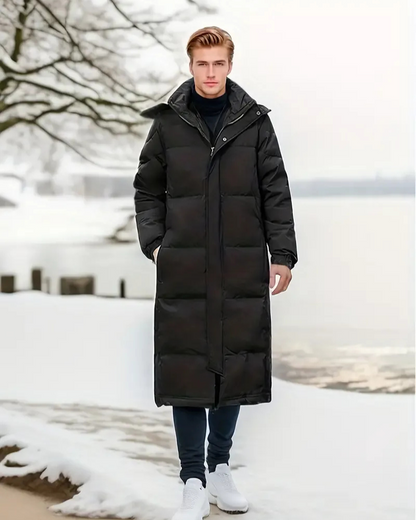 Herren schwarze wattierte Winterjacke, warm und stilvoll für kalte Wintertage