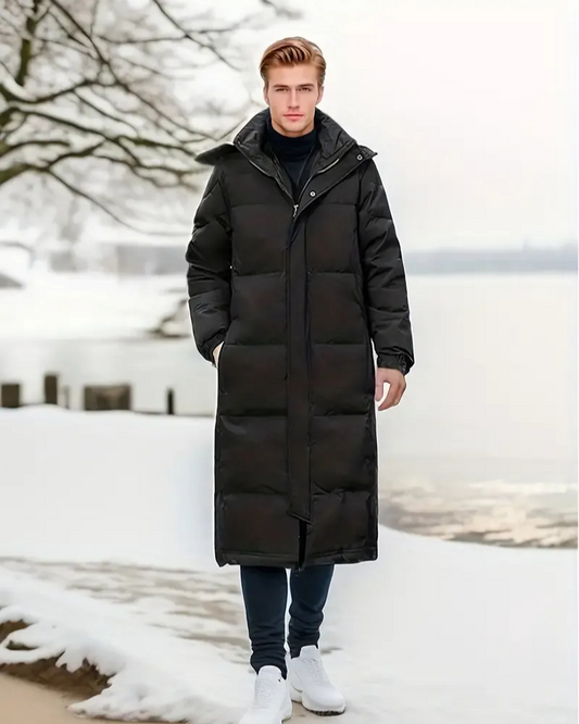 Herren schwarze wattierte Winterjacke, warm und stilvoll für kalte Wintertage
