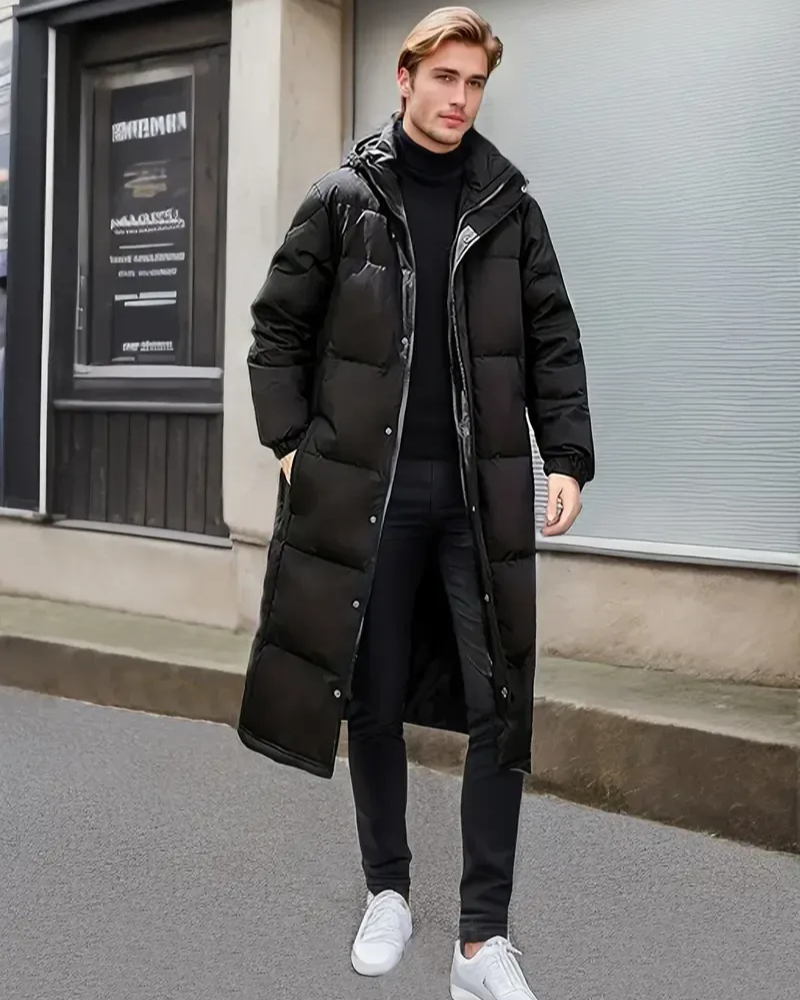 Herren schwarze wattierte Winterjacke, warm und stilvoll für kalte Wintertage