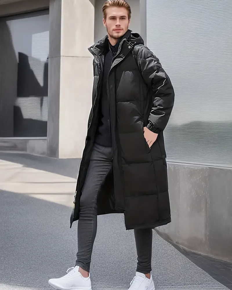Herren schwarze wattierte Winterjacke, warm und stilvoll für kalte Wintertage