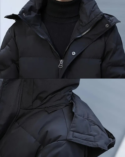 Herren schwarze wattierte Winterjacke, warm und stilvoll für kalte Wintertage