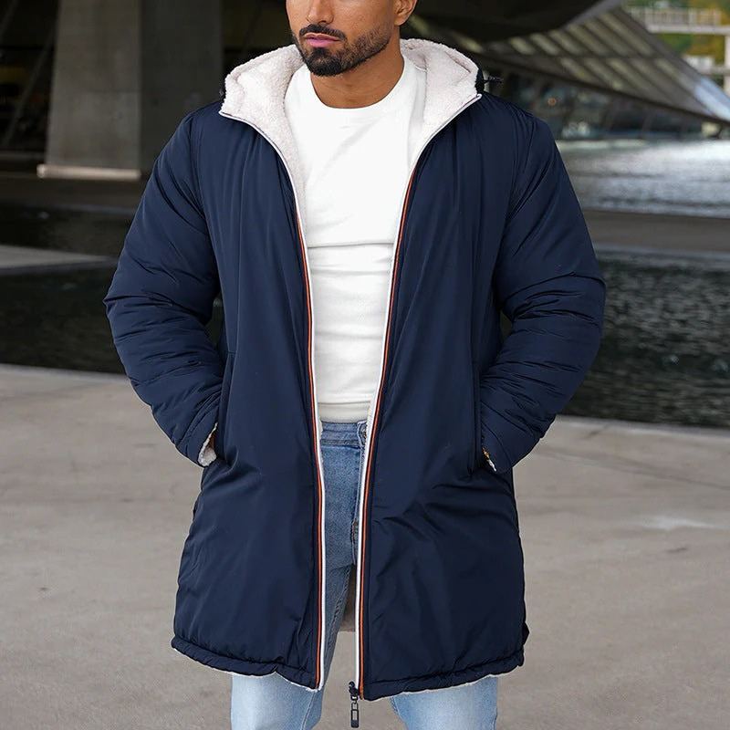 Herren trendige Wendejacke mit Kapuze und warmem Innenfutter, beidseitig tragbar