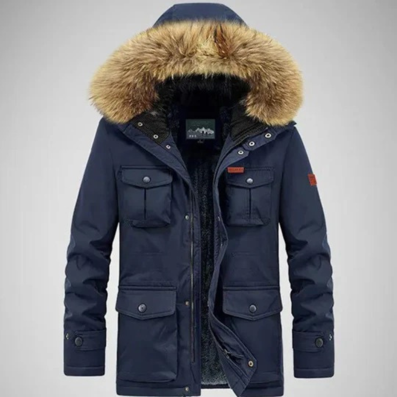 Herren-Winterparka mit Kapuze in modernem Design, ideal für kalte Tage und vielseitige Anlässe.