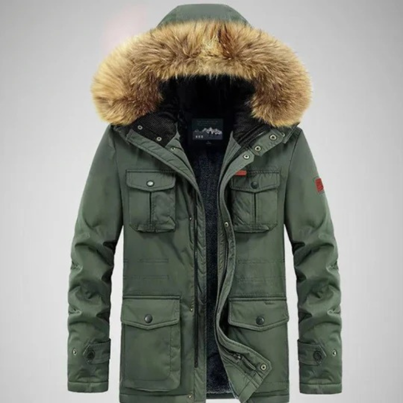 Herren-Winterparka mit Kapuze in modernem Design, ideal für kalte Tage und vielseitige Anlässe.