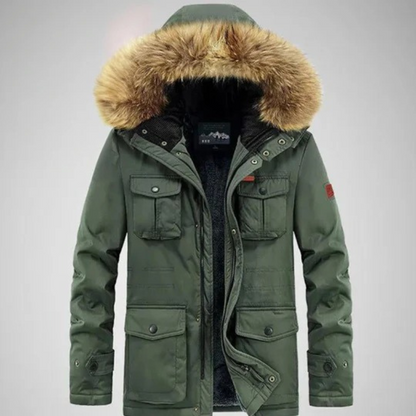 Herren-Winterparka mit Kapuze in modernem Design, ideal für kalte Tage und vielseitige Anlässe.