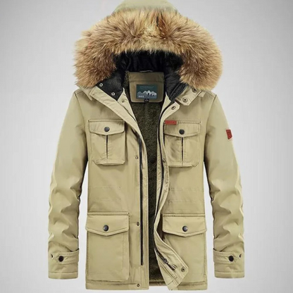 Herren-Winterparka mit Kapuze in modernem Design, ideal für kalte Tage und vielseitige Anlässe.