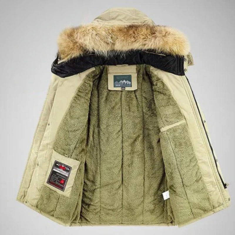 Herren-Winterparka mit Kapuze in modernem Design, ideal für kalte Tage und vielseitige Anlässe.