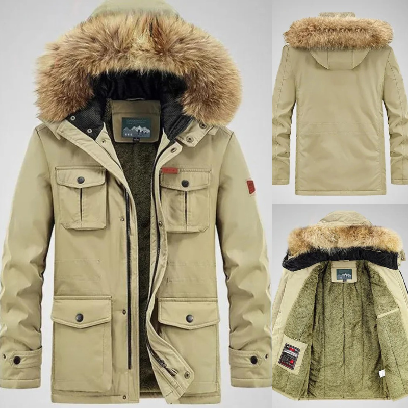 Herren-Winterparka mit Kapuze in modernem Design, ideal für kalte Tage und vielseitige Anlässe.