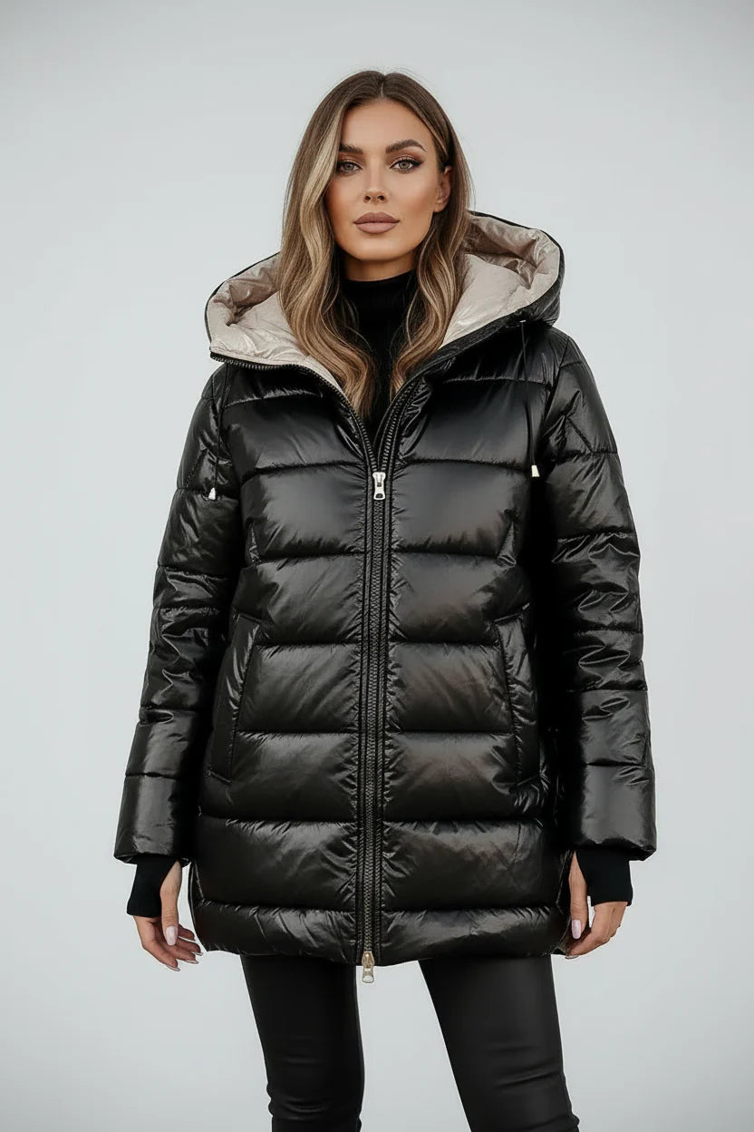 Lange Steppjacke mit großzügiger Kapuze für Damen | Elinora