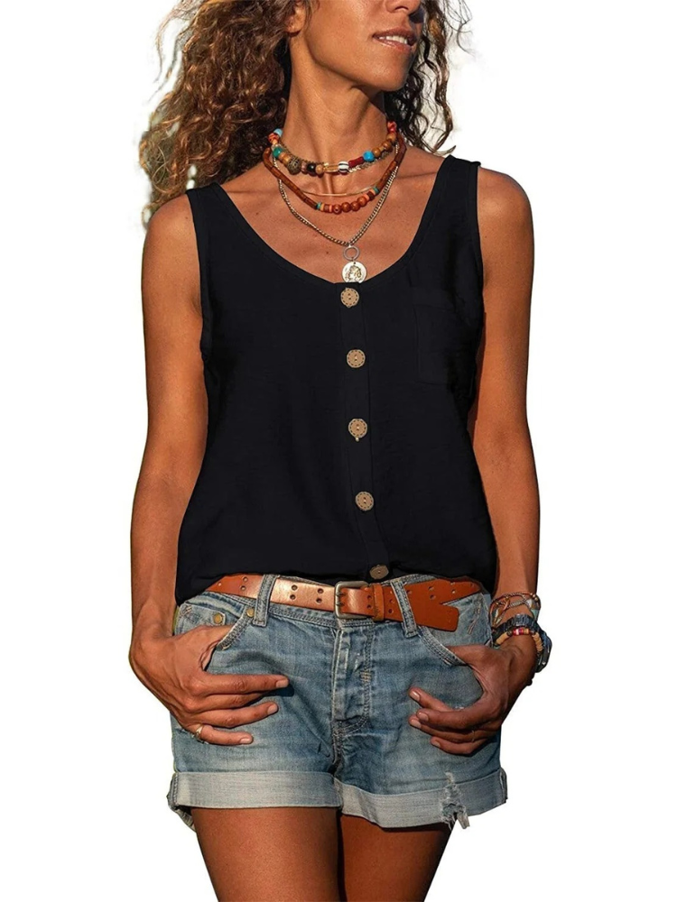  Lässiges ärmelloses Damen-Tanktop mit lockerem Schnitt, ideal für sommerliche Outfits und sportliche Aktivitäten.