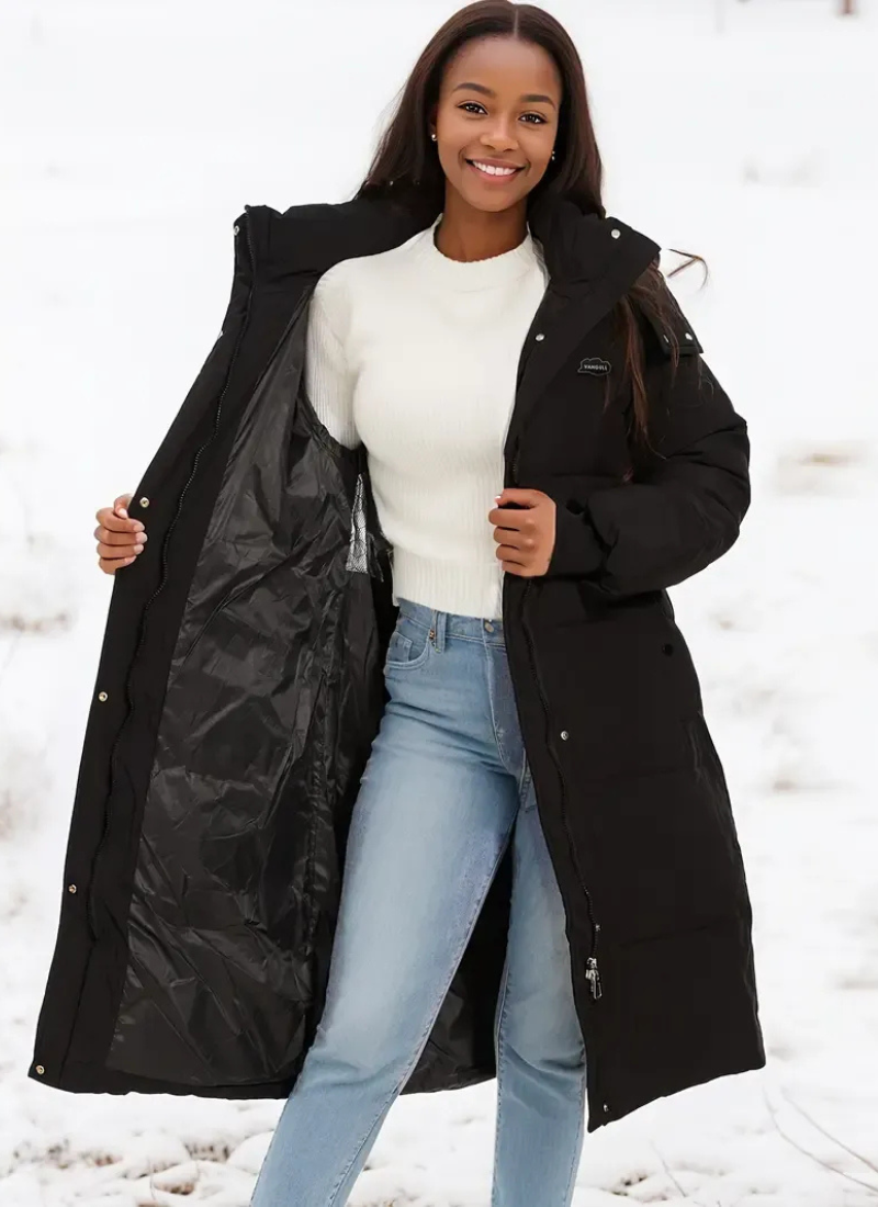 Lange schwarze Daunenjacke für Damen mit elegantem Design und praktischem Schnitt