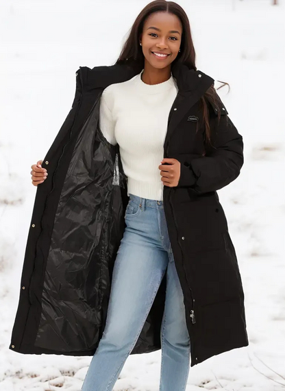 Lange schwarze Daunenjacke für Damen mit elegantem Design und praktischem Schnitt