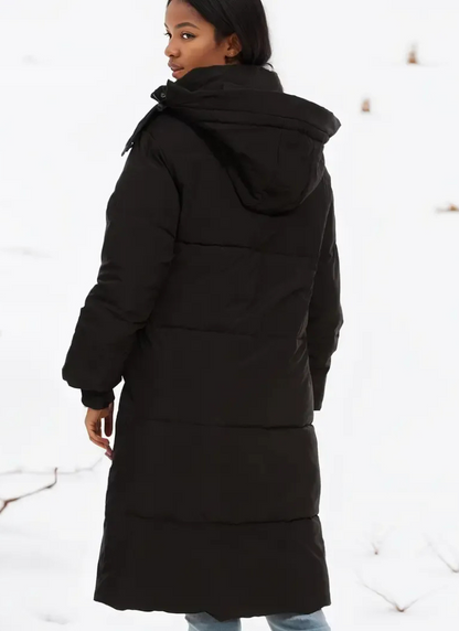 Lange schwarze Daunenjacke für Damen mit elegantem Design und praktischem Schnitt