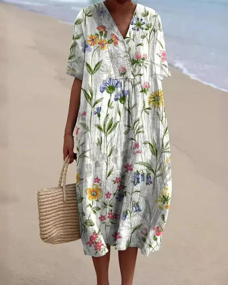 Lockeres geblümtes Sommerkleid für Damen mit bequemer Passform, ideal für warme Tage und sommerliche Anlässe.

