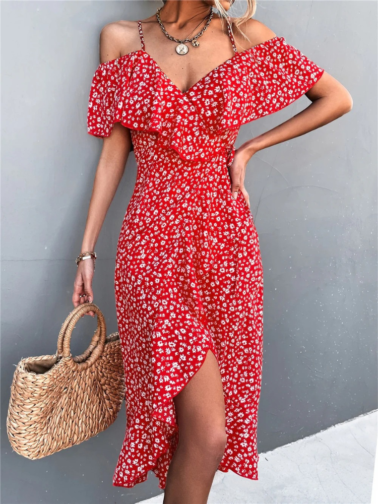 Stilvolles geblümtes Sommerkleid für Damen, perfekt für warme Tage und vielseitige Outfits.

