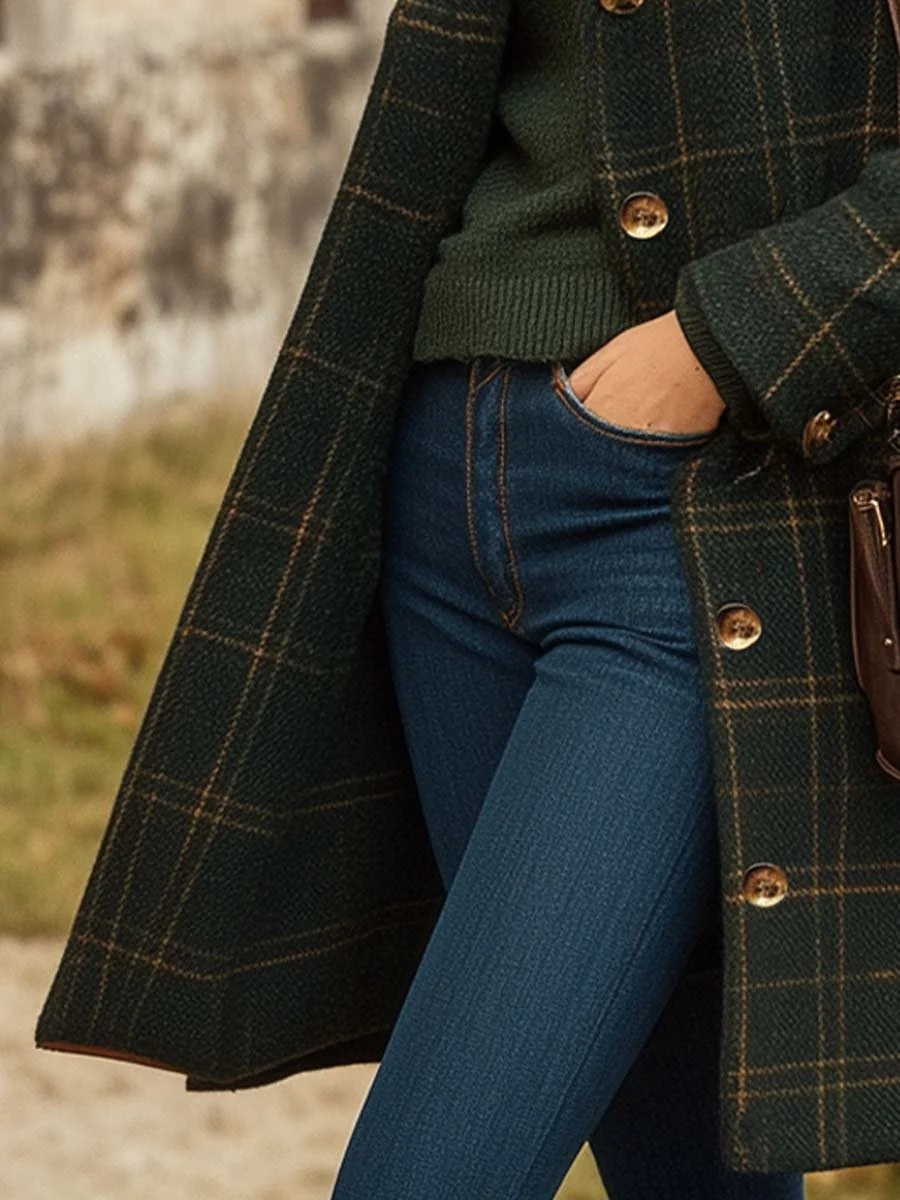 Eleganter Vintage-Karomantel für Damen im zeitlosen Karomuster, perfekt für stilvolle Outfits